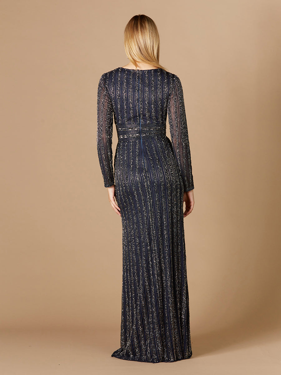 Long Sleeve Belted Beaded Gown - JUSTLUXURY