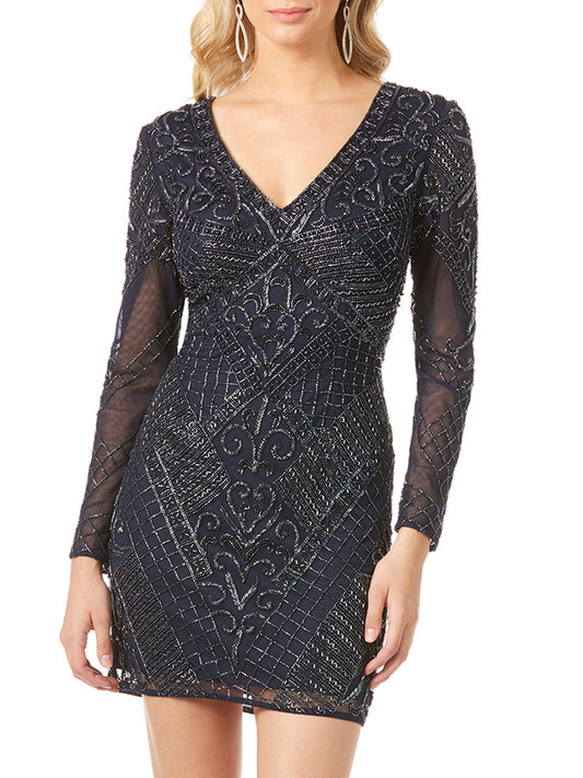Long Sleeve V-Neck Beaded Cocktail Dress in Navy - JUSTLUXURY