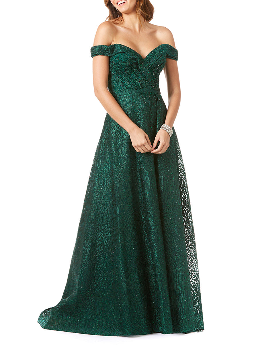 Tonal Beaded Off Shoulder Ballgown - JUSTLUXURY