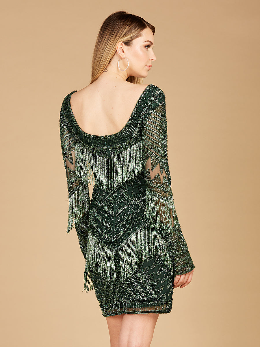 Long Sleeve Beaded V-Neck Fringe Cocktail Mini OUTLET - JUSTLUXURY