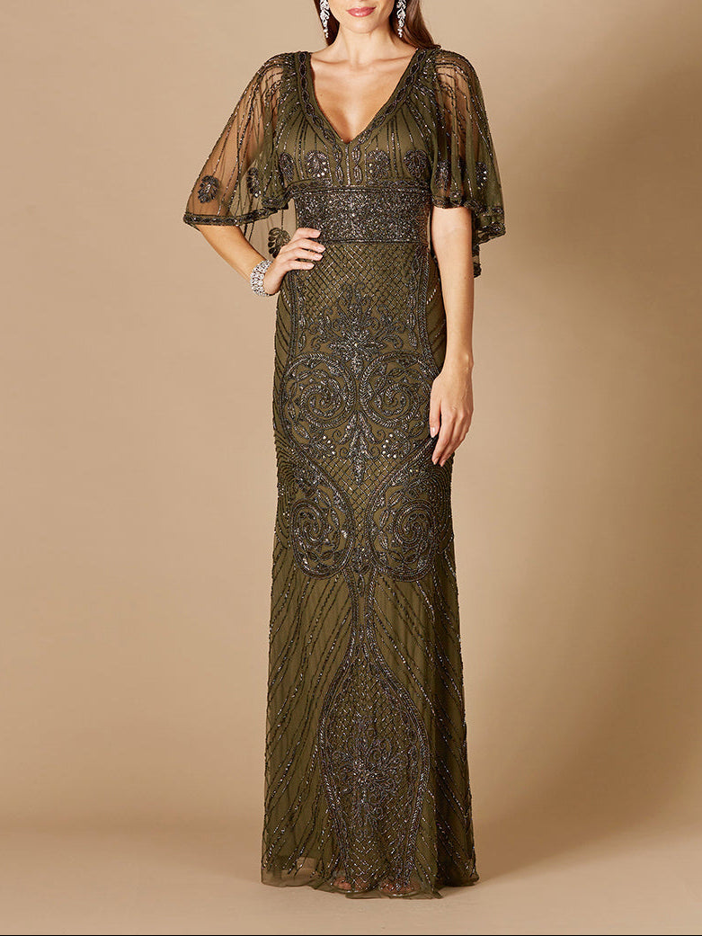 Cape Sleeve V-Neck Beaded Gown - JUSTLUXURY
