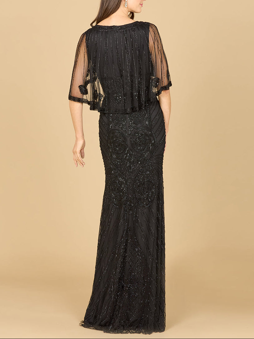Cape Sleeve V-Neck Beaded Gown - JUSTLUXURY