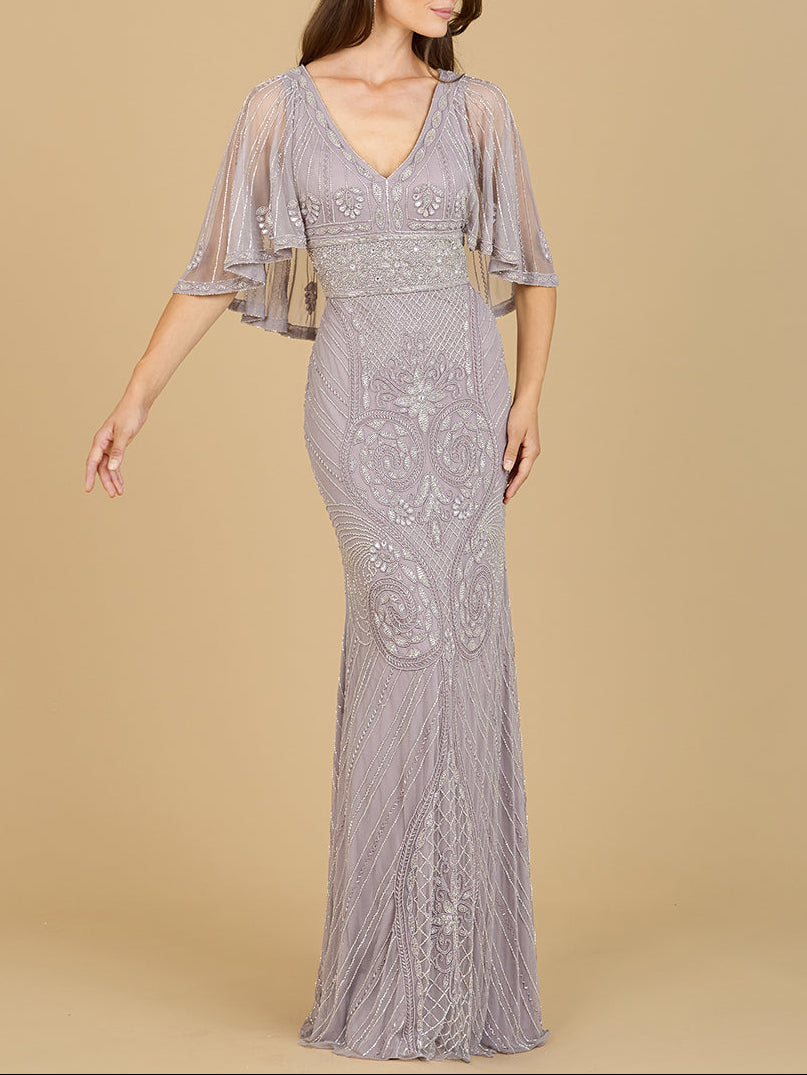 Cape Sleeve V-Neck Beaded Gown - JUSTLUXURY