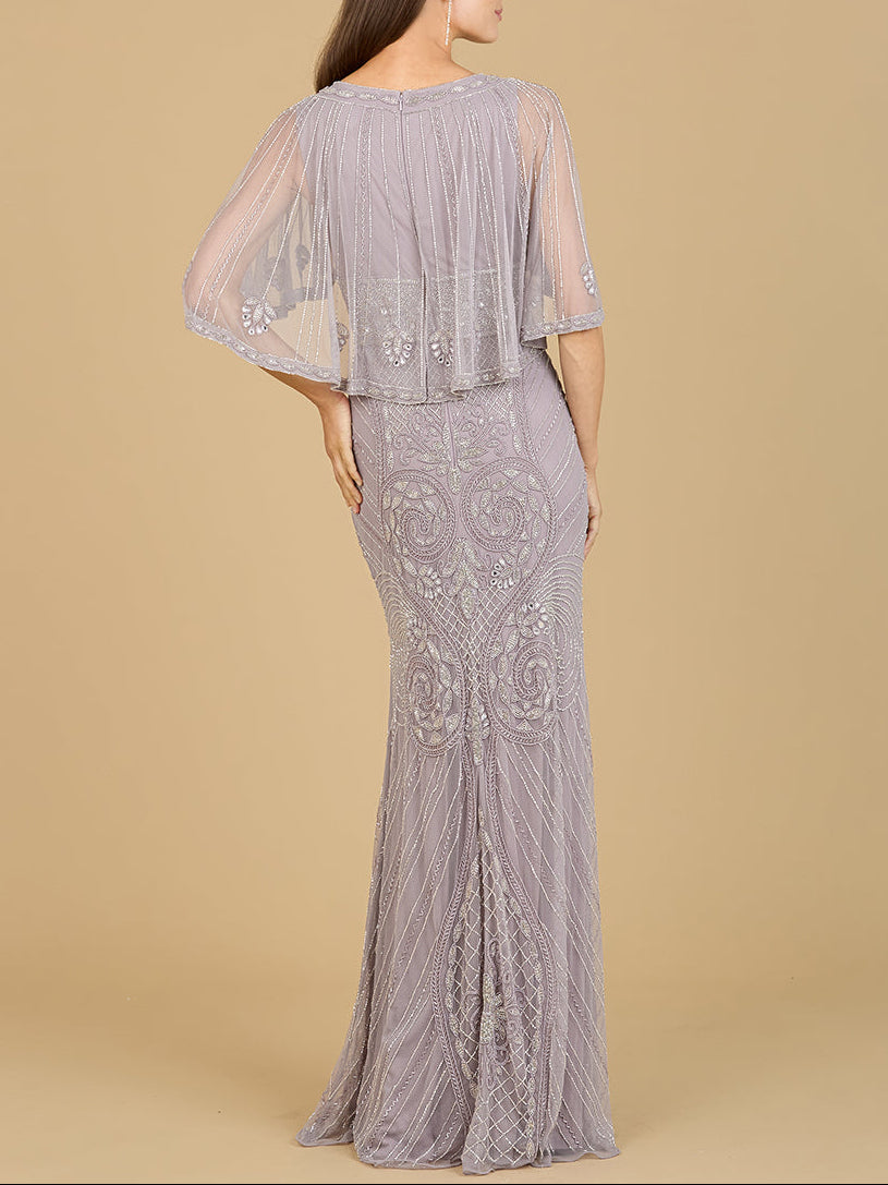 Cape Sleeve V-Neck Beaded Gown - JUSTLUXURY