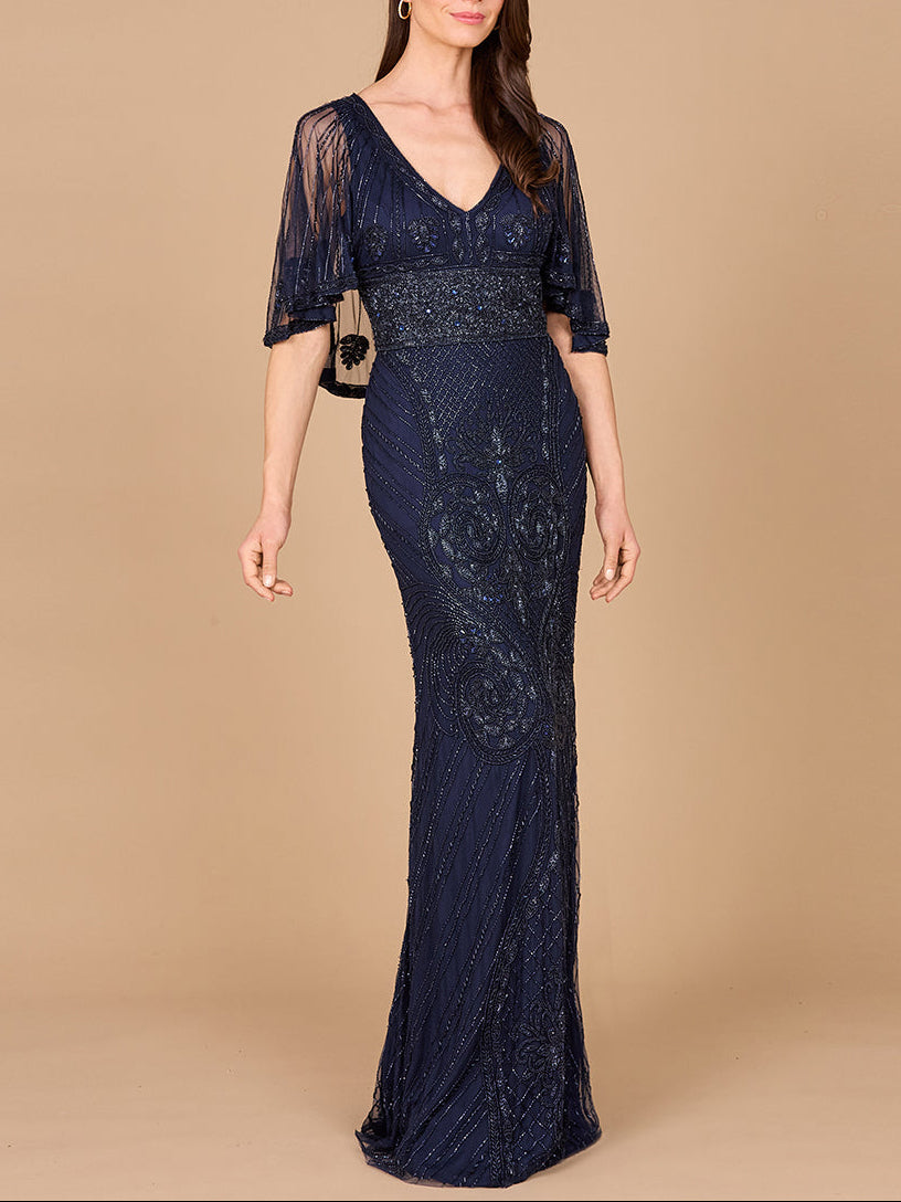 Cape Sleeve V-Neck Beaded Gown - JUSTLUXURY