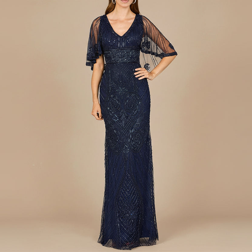Cape Sleeve V-Neck Beaded Gown - JUSTLUXURY