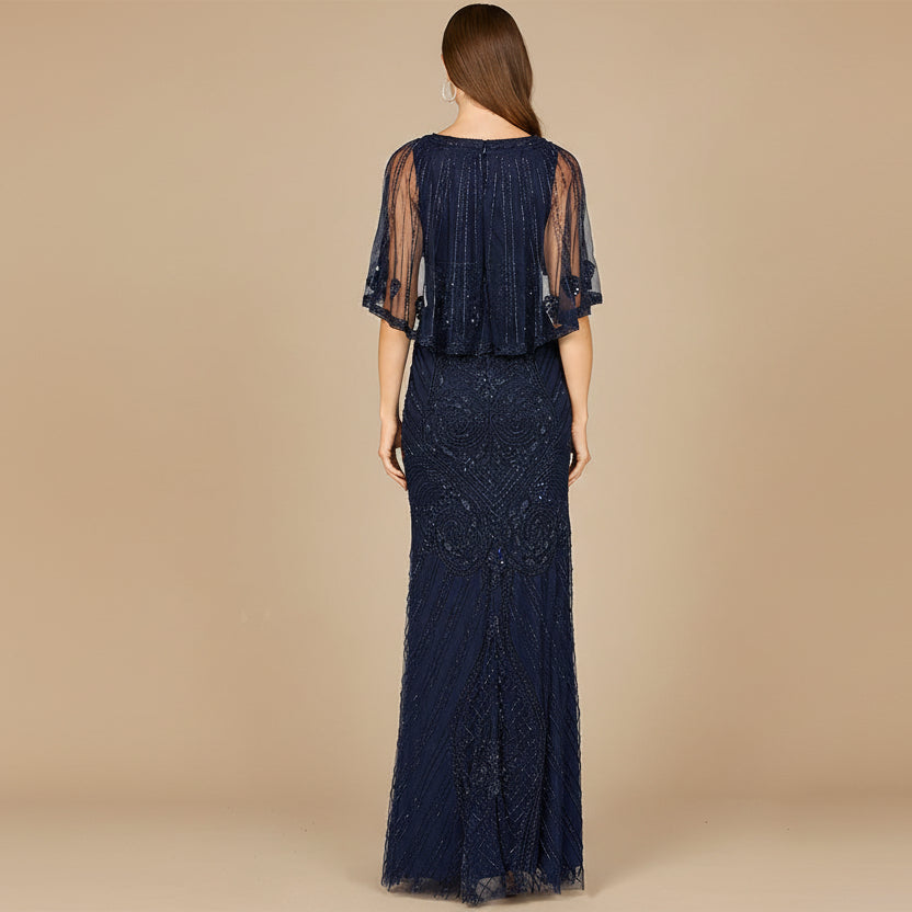 Cape Sleeve V-Neck Beaded Gown - JUSTLUXURY