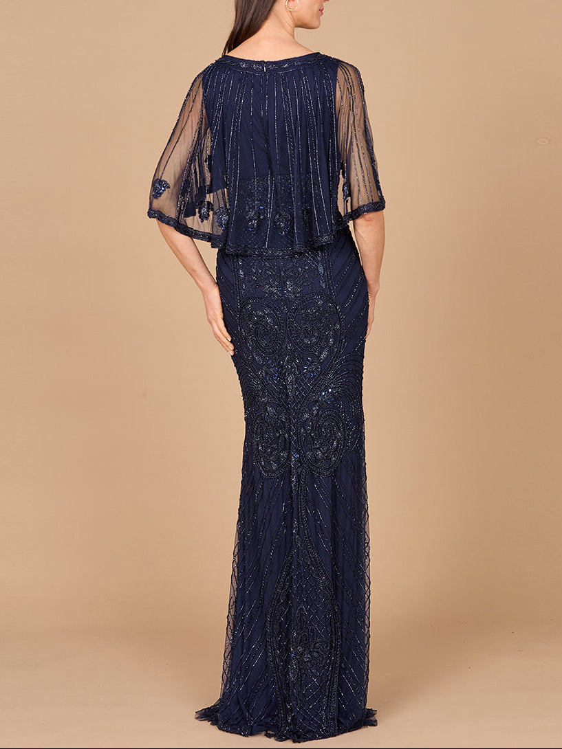 Cape Sleeve V-Neck Beaded Gown - JUSTLUXURY