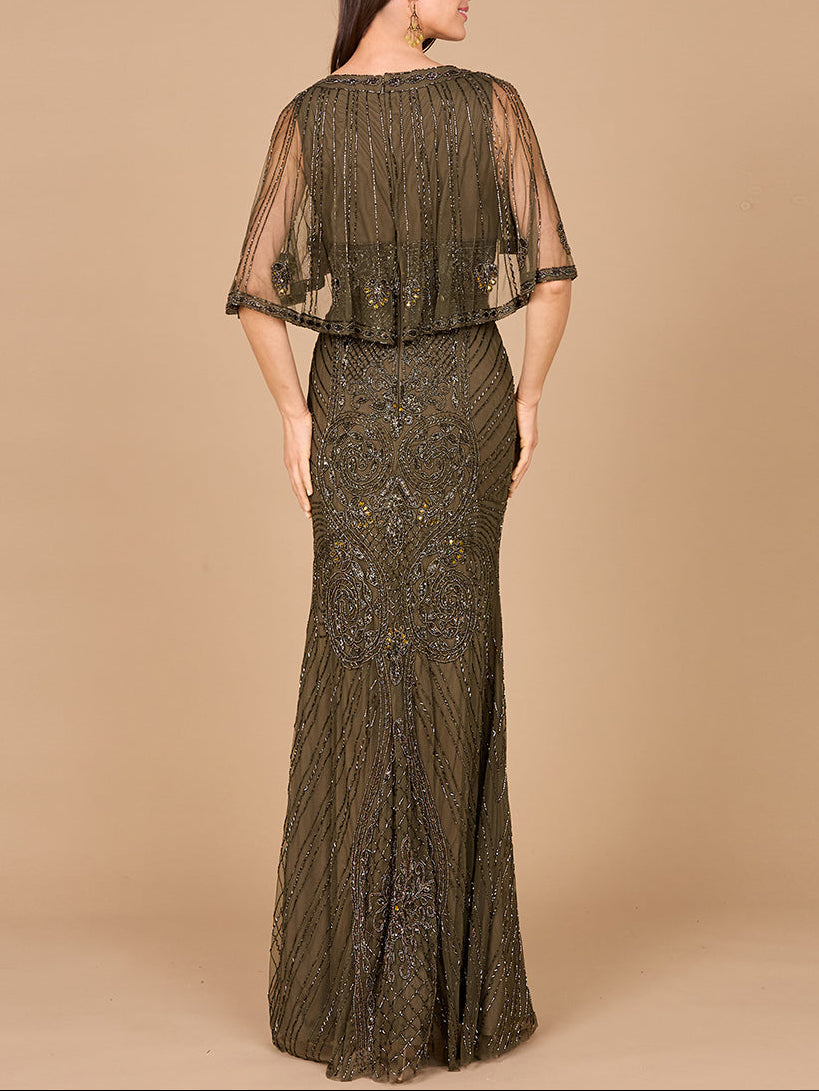 Cape Sleeve V-Neck Beaded Gown - JUSTLUXURY