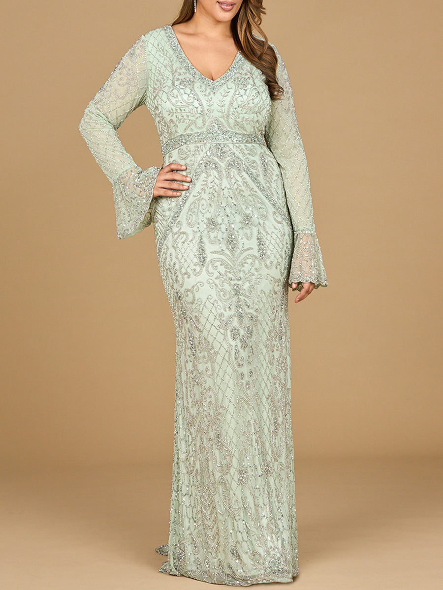 Long Bell Sleeve V-Neck Beaded Gown - JUSTLUXURY
