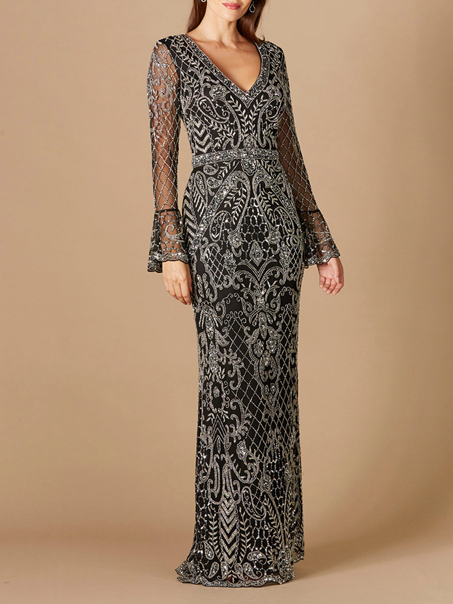 Long Bell Sleeve V-Neck Beaded Gown - JUSTLUXURY
