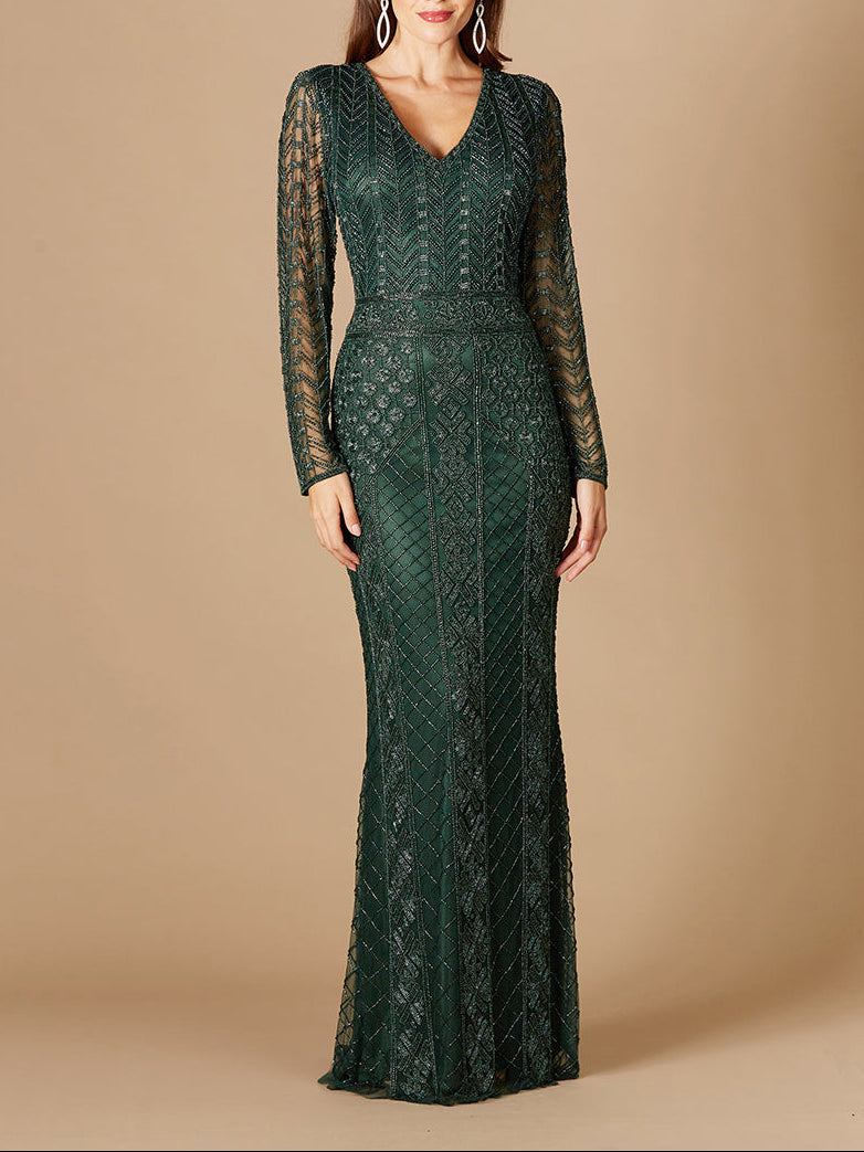 Long Sleeve Beaded Dress - JUSTLUXURY