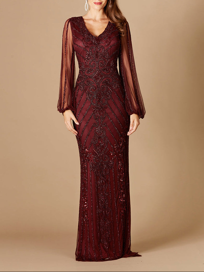 Long Flutter Sleeves Beaded Dress - JUSTLUXURY