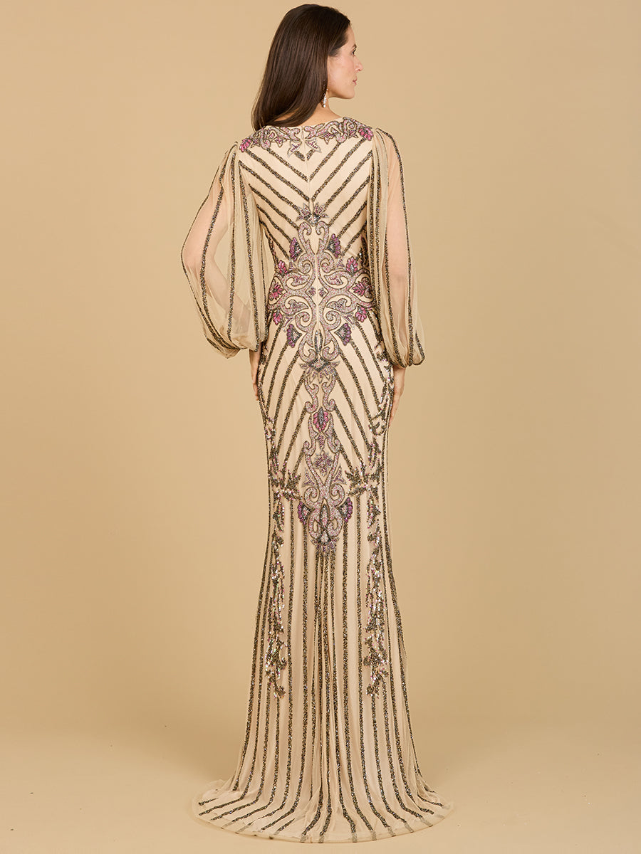 Long Flutter Sleeves Beaded Dress - JUSTLUXURY
