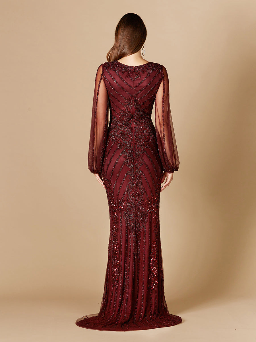 Long Flutter Sleeves Beaded Dress - JUSTLUXURY