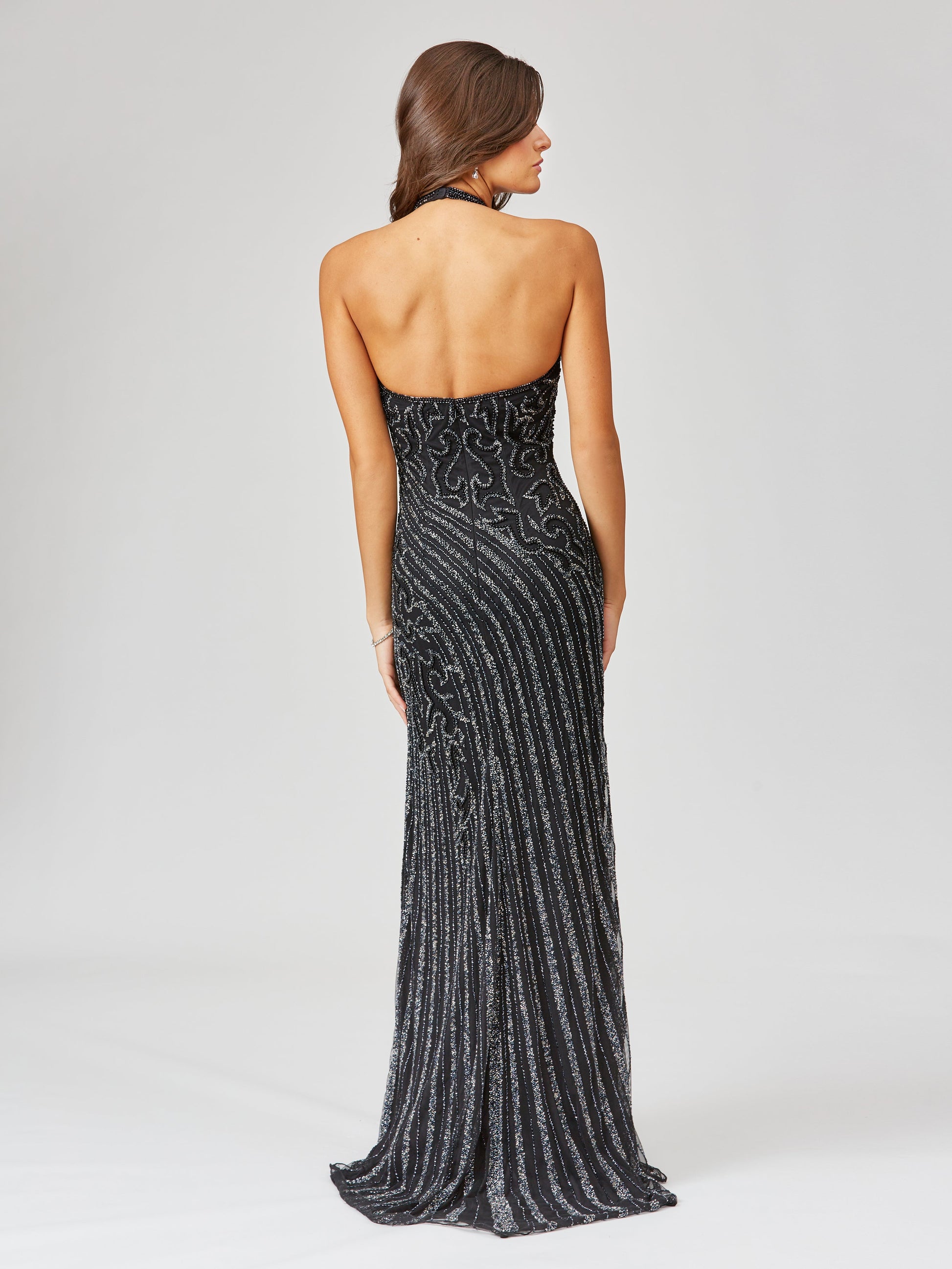 Giselle Beaded Halter Gown with Slit - JUSTLUXURY