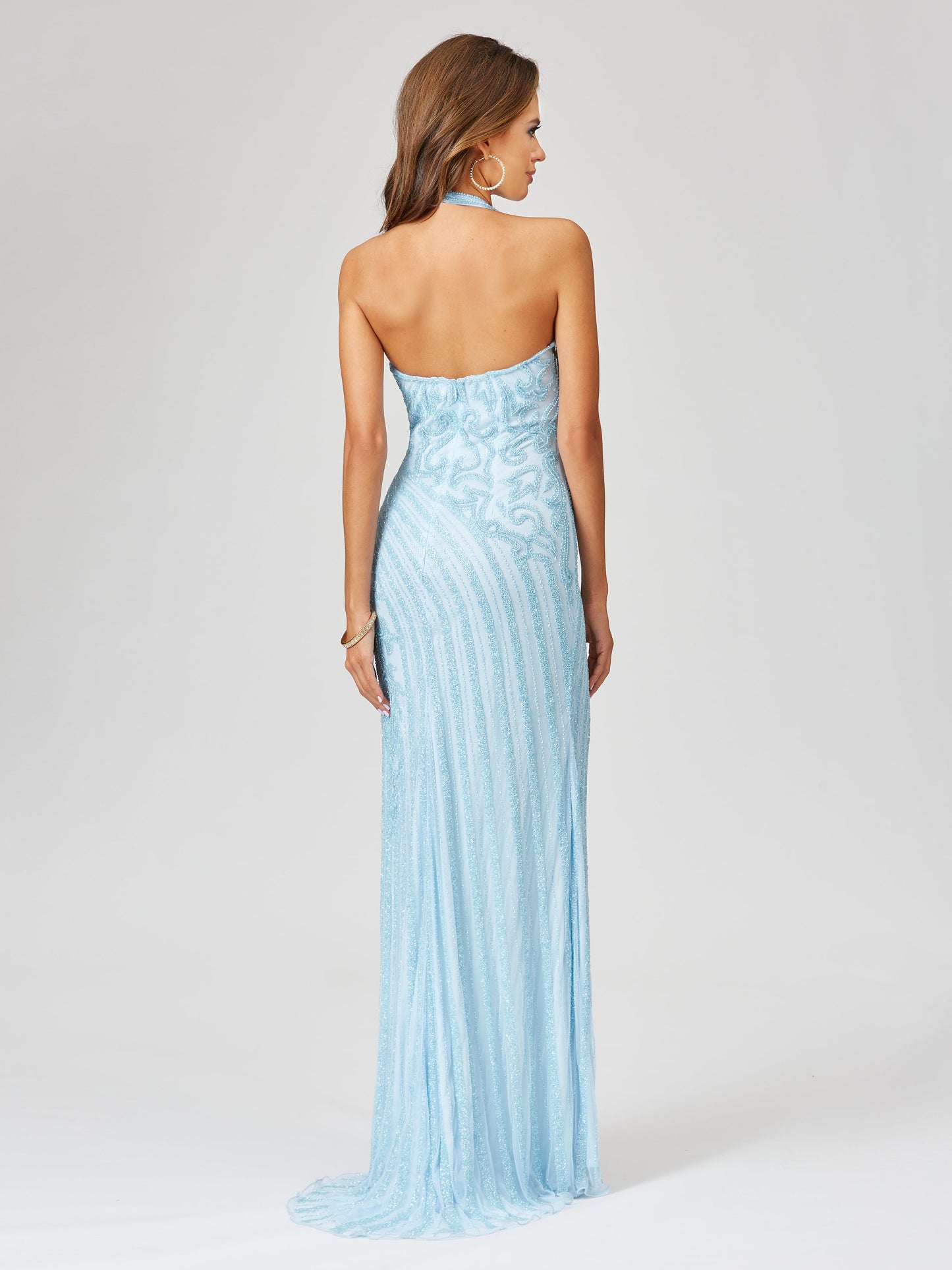 Giselle Beaded Halter Gown with Slit - JUSTLUXURY