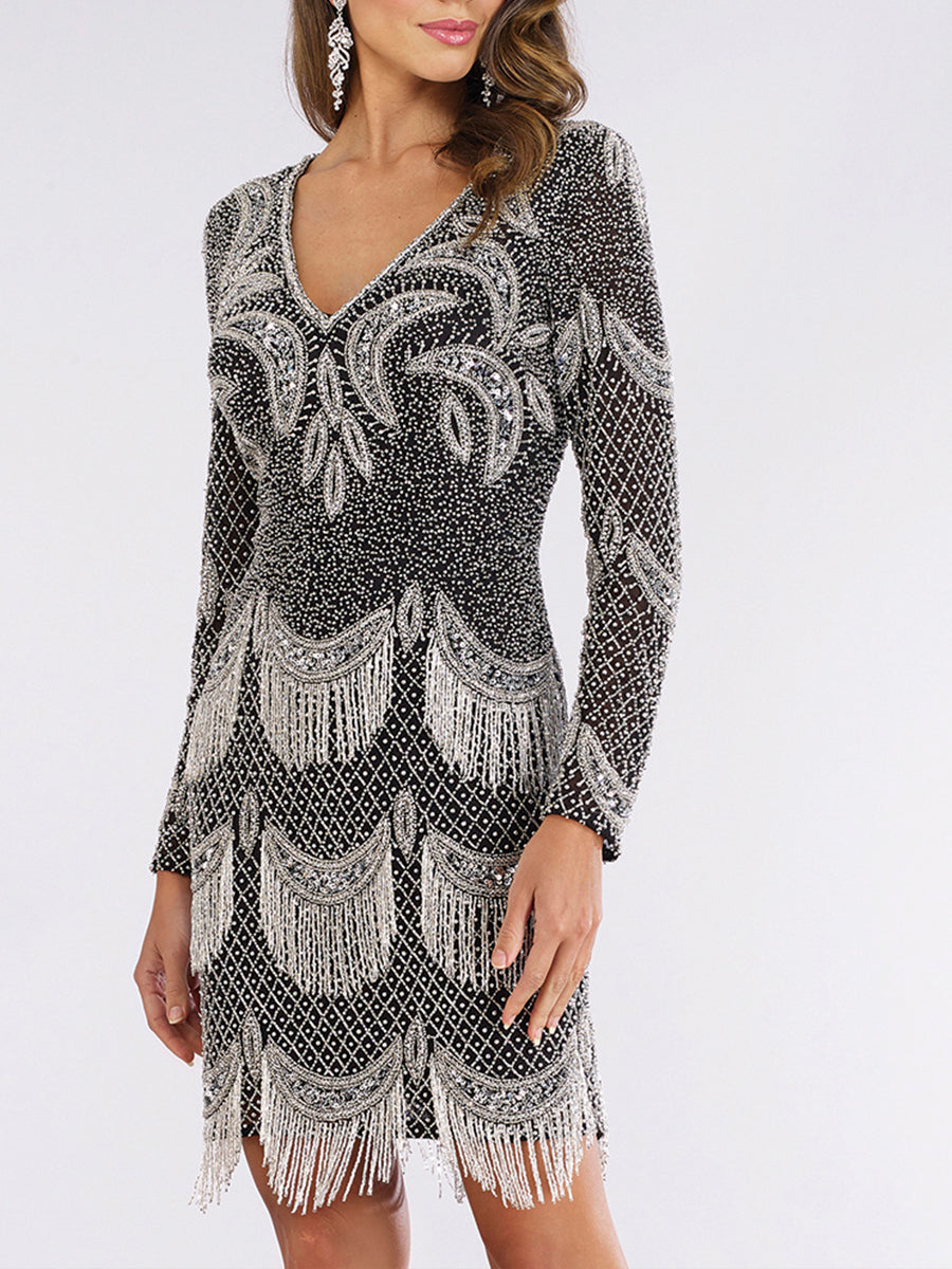 Lara 29377 - Long Sleeve Beaded V-Neck Fringe Cocktail Dress - JUSTLUXURY