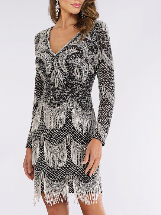 Lara 29377 - Long Sleeve Beaded V-Neck Fringe Cocktail Dress - JUSTLUXURY