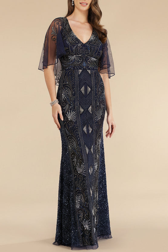 Lara 29393 - Cape Sleeve Beaded Gown - JUSTLUXURY
