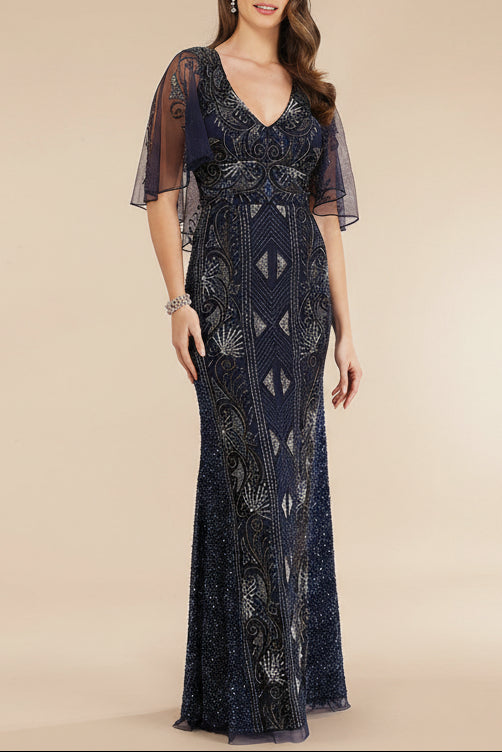 Lara 29393 - Cape Sleeve Beaded Gown - JUSTLUXURY