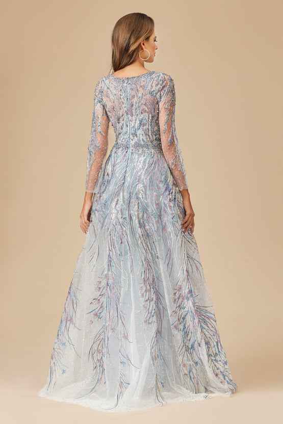 Long Sleeve Contrast Embroidered Gown with Overskirt