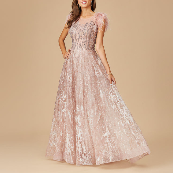 Lace ballgown with Feather Cap Sleeves - JUSTLUXURY