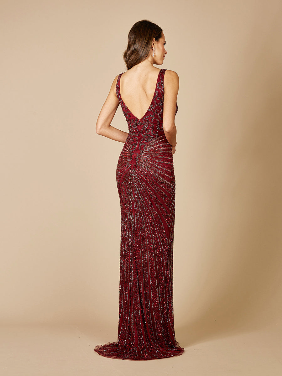 Lara 29528 - Thigh High Slit Beaded Gown - JUSTLUXURY