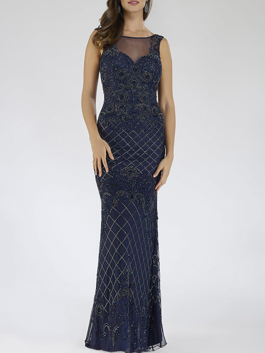 Lara 29538 - Illusion Neckline Long Dress - JUSTLUXURY