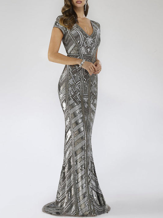 Lara 29540 - Body Con Beaded Silver Petite Dress - JUSTLUXURY