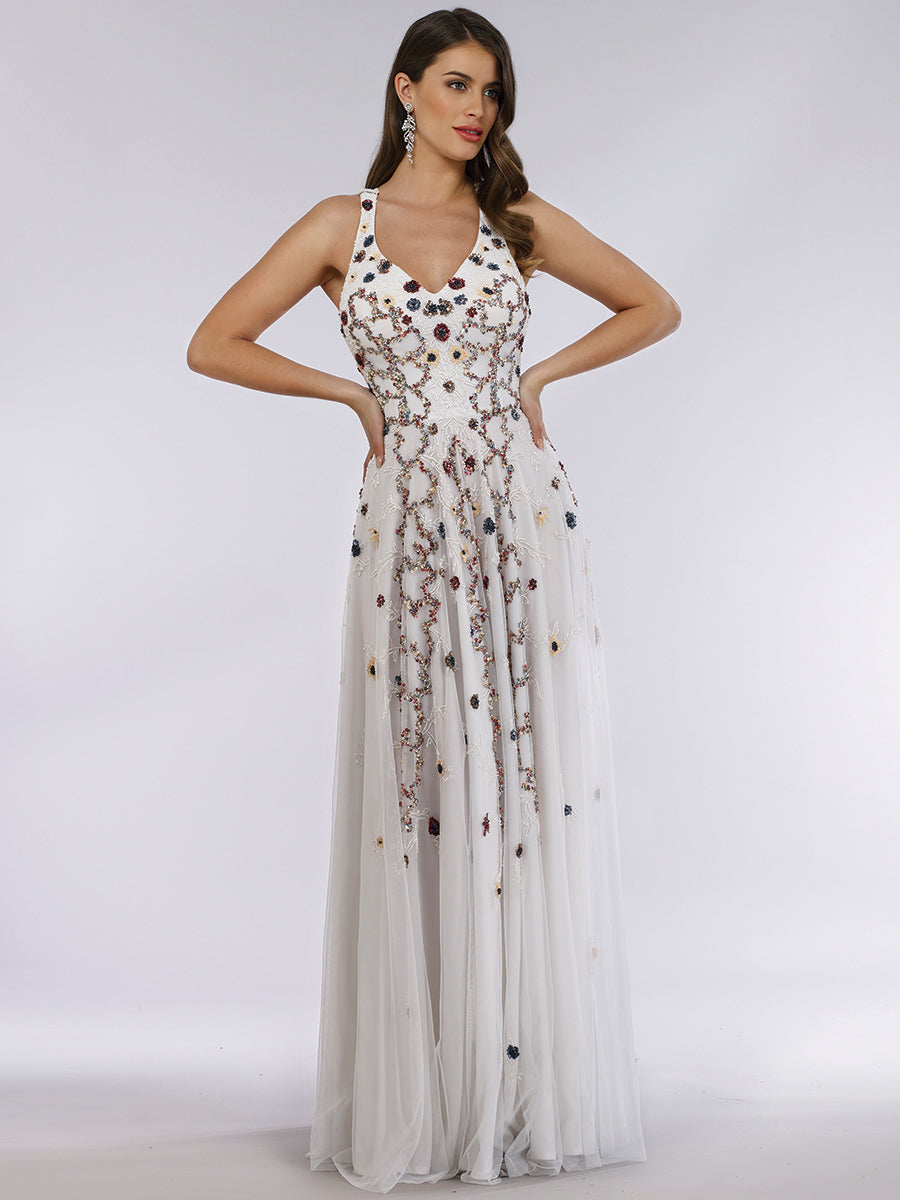 Lara 29544 - Beaded Dress with Open Cross Back and Flowy Skirt - JUSTLUXURY