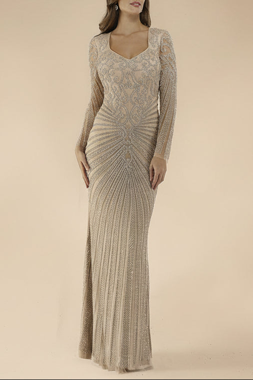 Lara 29602 - V Neck Beaded Long Sleeve Dress - JUSTLUXURY