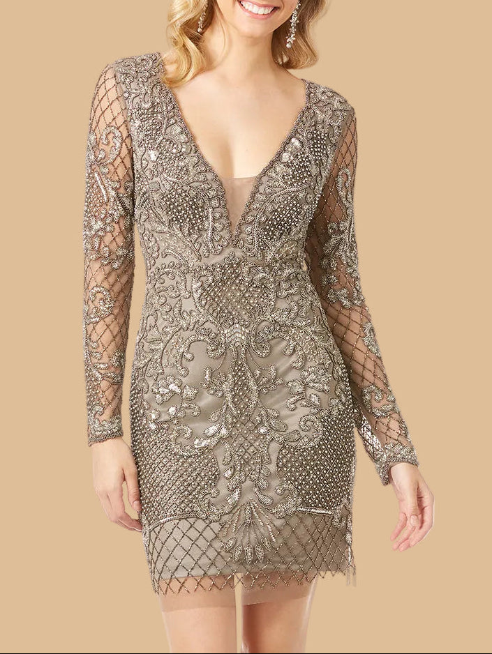 Lara 29610 - Long Sleeve Beaded Cocktail Dress - JUSTLUXURY