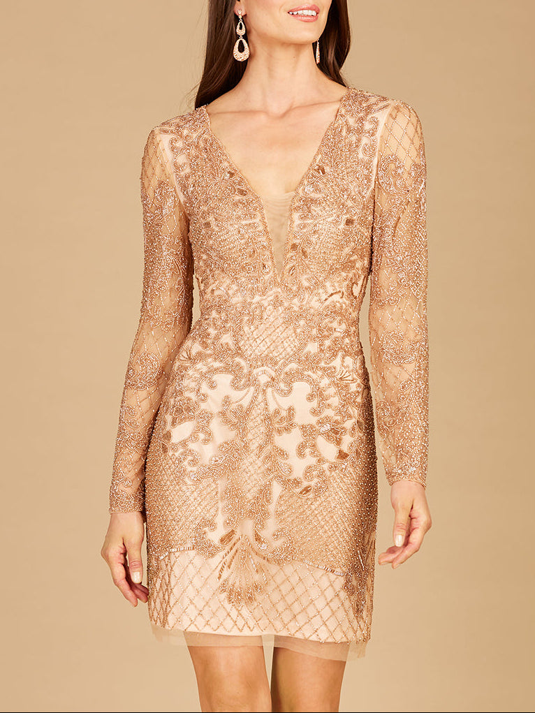 Lara 29610 - Long Sleeve Beaded Cocktail Dress - JUSTLUXURY