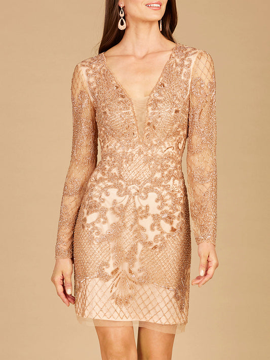 Lara 29610 - Long Sleeve Beaded Cocktail Dress - JUSTLUXURY
