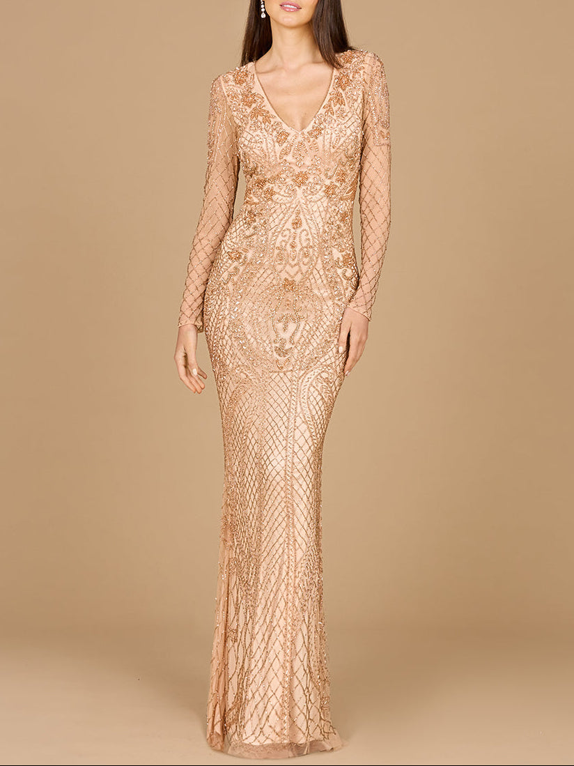 Lara 29615 - Long Sleeve Beaded Dress - JUSTLUXURY