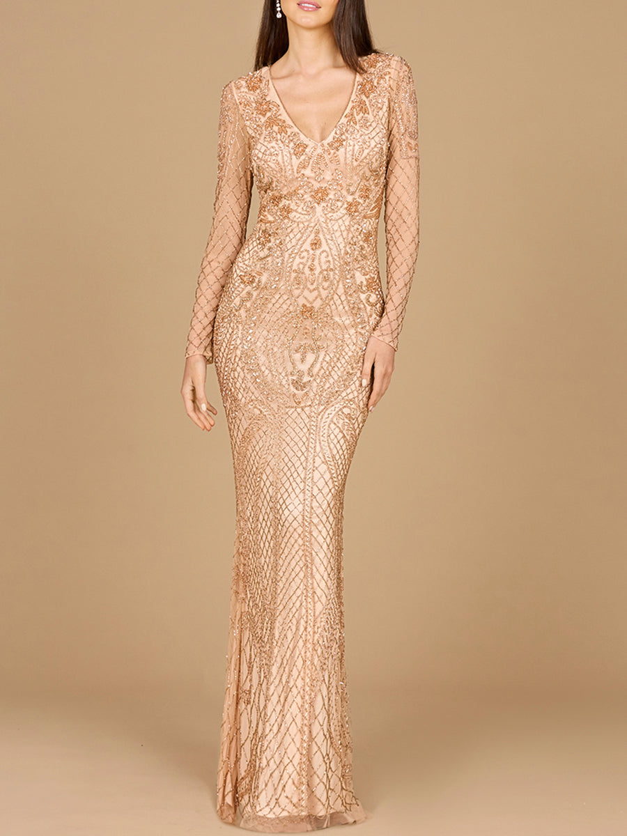 Lara 29615 - Long Sleeve Beaded Dress - JUSTLUXURY