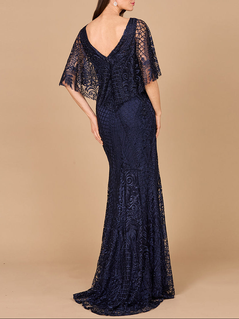 Lara 29673 - Cape Sleeve Mermaid Gown - JUSTLUXURY