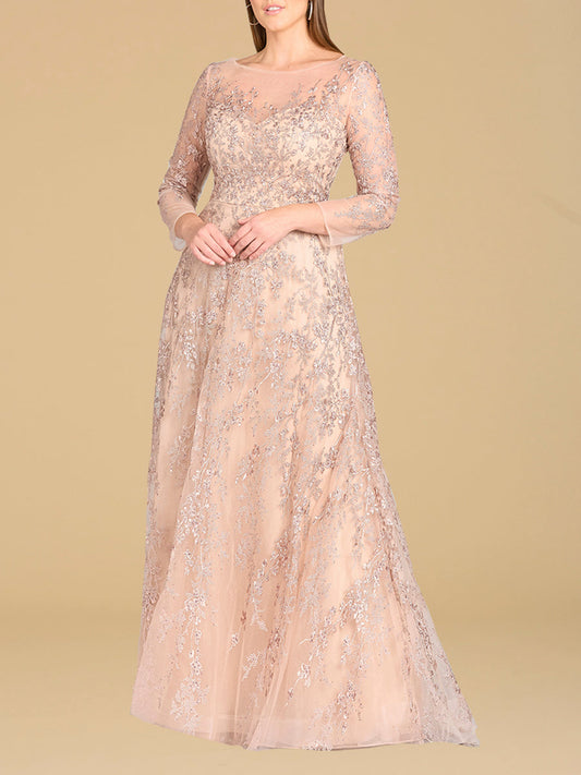 Lara 29677 - Illusion Neckline A-line Long Sleeves Gown - JUSTLUXURY