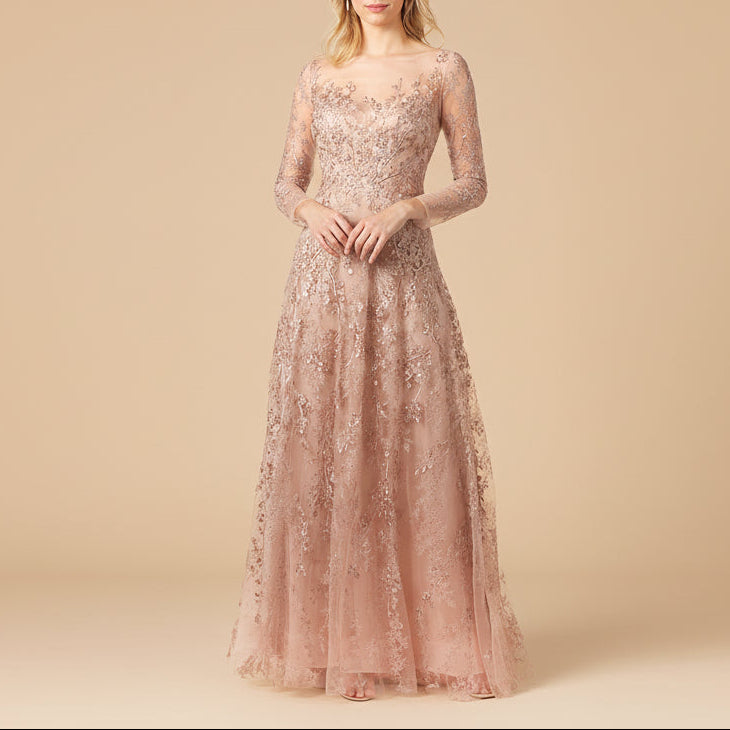 Lara 29677 - Illusion Neckline A-line Long Sleeves Gown - JUSTLUXURY