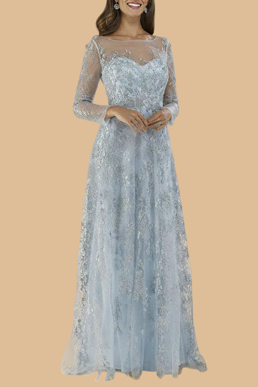 Lara 29677 - Illusion Neckline A-line Long Sleeves Gown - JUSTLUXURY