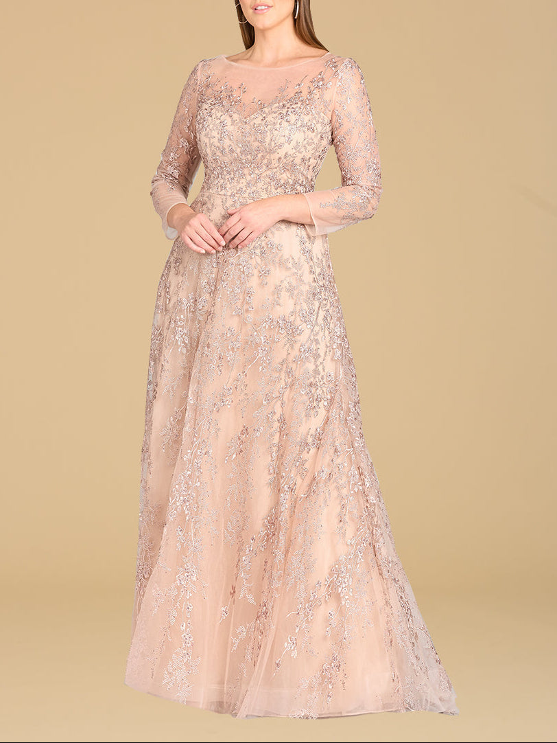 Lara 29677 - Illusion Neckline A-line Long Sleeves Gown - JUSTLUXURY
