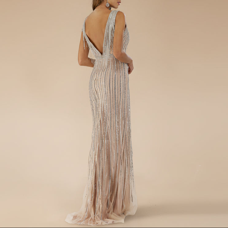 Beaded V-Neck Gown - Lara 29680 - JUSTLUXURY