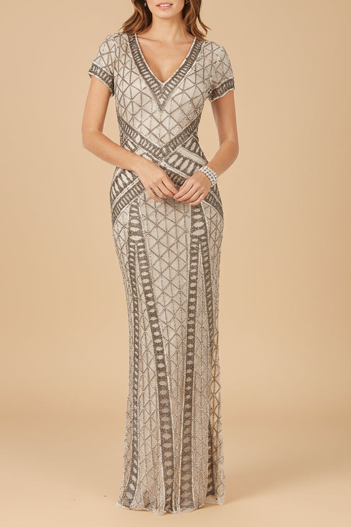 Lara 29746 - Beaded V-Neckline Dress with Cap Sleeves - JUSTLUXURY