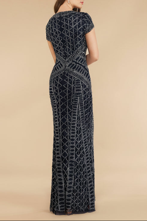 Lara 29746 - Beaded V-Neckline Dress with Cap Sleeves - JUSTLUXURY