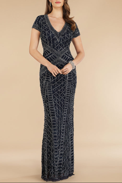 Lara 29746 - Beaded V-Neckline Dress with Cap Sleeves - JUSTLUXURY