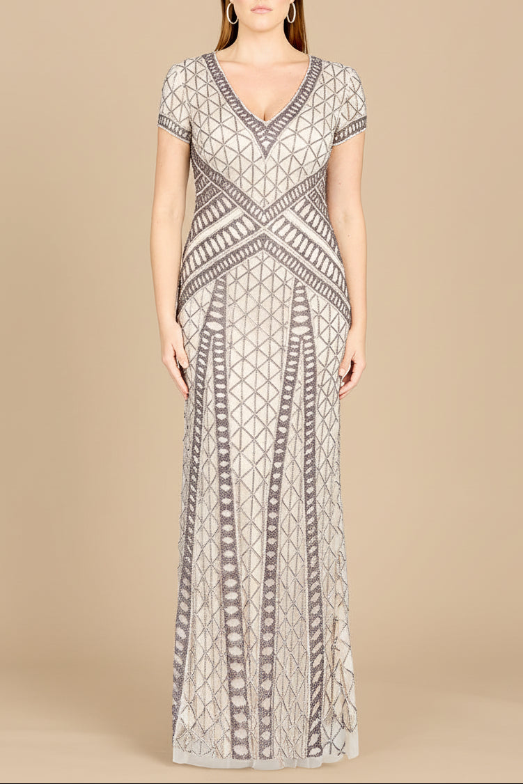 Lara 29746 - Beaded V-Neckline Dress with Cap Sleeves - JUSTLUXURY