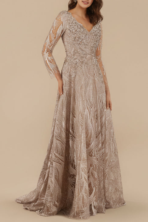 Lara 29753 - Long Sleeves Beaded Ballgown - JUSTLUXURY