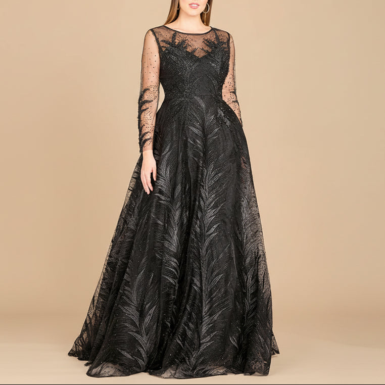 Lara 29761 - High Neck Sheer Long Sleeve Embellished Gown - JUSTLUXURY