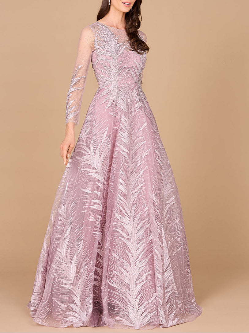 Lara 29761 - High Neck Sheer Long Sleeve Embellished Gown - JUSTLUXURY